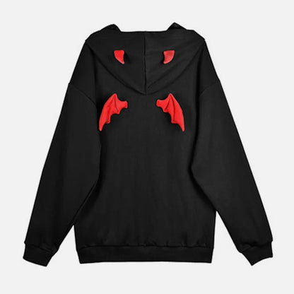 Plain Pattern Hooded Sweatshirt with Devil Horns