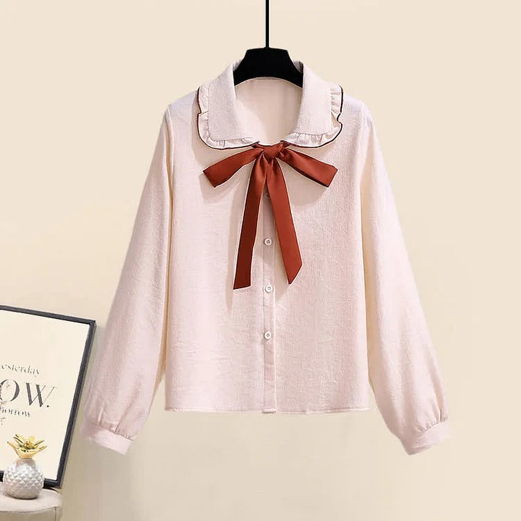 JK V-Neck Cardigan Sweater Bow Tie Shirt Pleated Skirt Three Piece Set