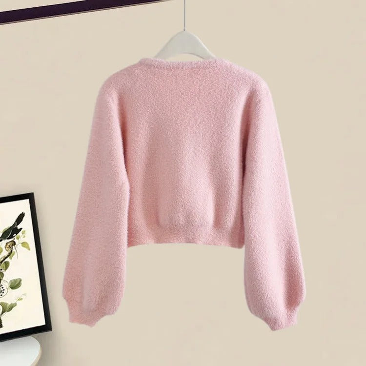 Bowknot Charm: V-Neck Cardigan Sweater with Slip Dress Set
