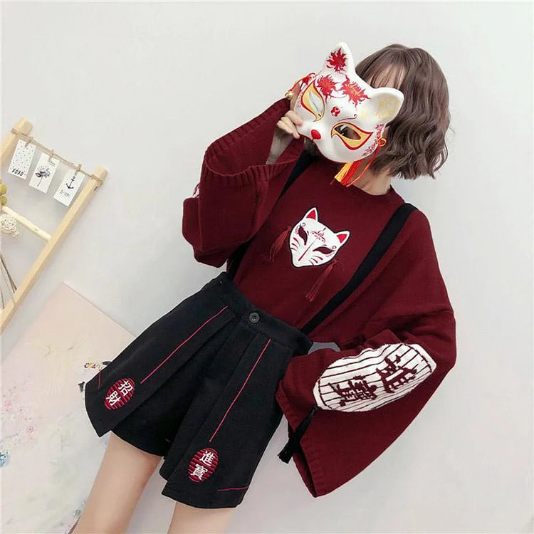 Cartoon Fox Embroidery Tassels Letter Pullover Sweater - Vintage Style