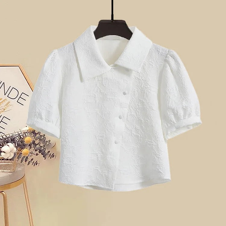 Elegant Puff Sleeve Collar Lapel T-Shirt and Floral Print Skirt Set