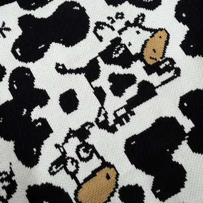 Cartoon Cow Print Pullover Knit Sweater - Cute and Cozy
