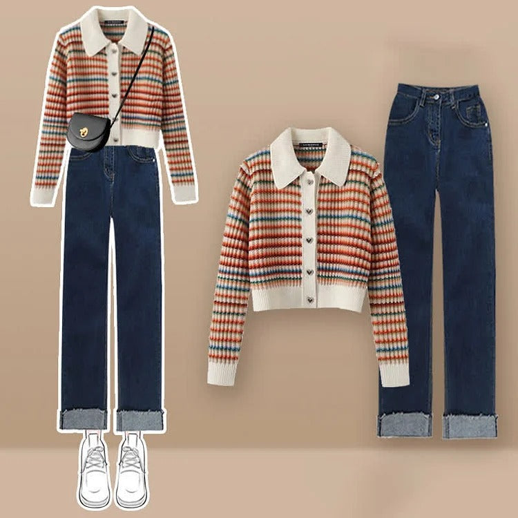 Striped Colorblock Heart Button Cardigan Sweater Casual Pants Two Piece Set