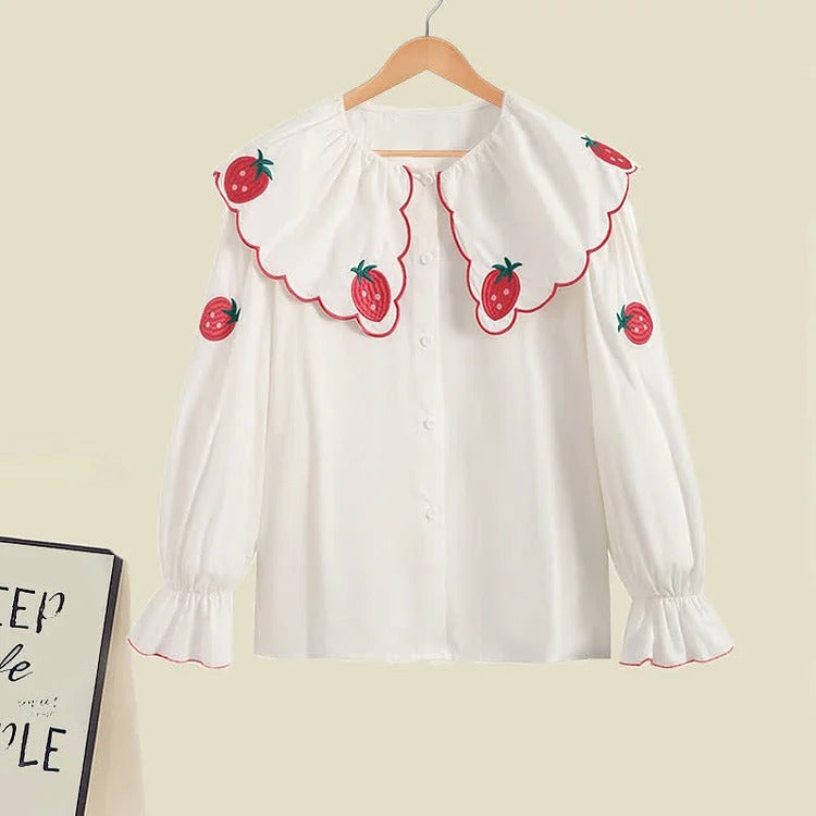 Charming Strawberry Patterns: Preppy Shirt Denim Overall Dress Two Piece Set