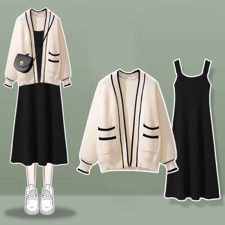 Chic Striped Style: Pockets Cardigan with Midi Slip Dress