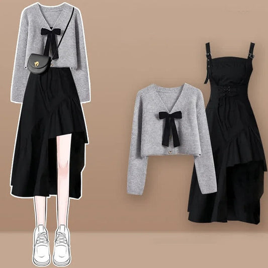 Bowknot V-Neck Cardigan Sweater Lace Up Irregular Slip Dress Two Piece Set" - Unleash Your Inner Fashionista with Elegance and Comfort! 🎀👚👗
