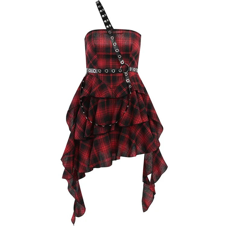 Bewitching Red Plaid Off-the-Shoulder Dress: A Gothic Rhapsody