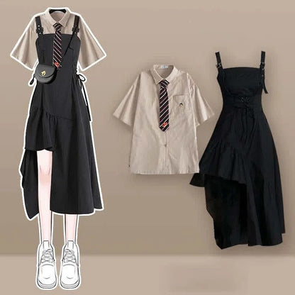 Preppy Pocket Tie Shirt and Irregular Lace Up Slip Dress Two Piece Set: A Classic Look for Any Occasion