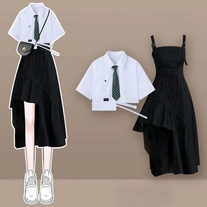 Preppy Pocket Tie Shirt and Irregular Lace Up Slip Dress Two Piece Set: A Classic Look for Any Occasion