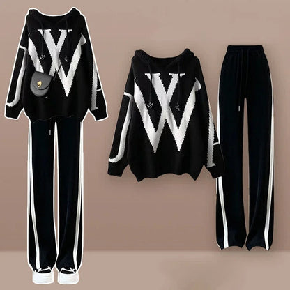 Preppy Letter Hooded Sweater Casual Pants Two Piece Set