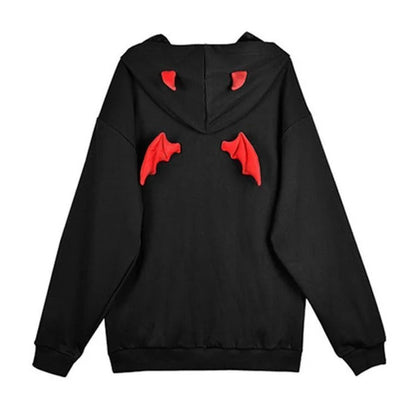 Plain Pattern Hooded Sweatshirt with Devil Horns