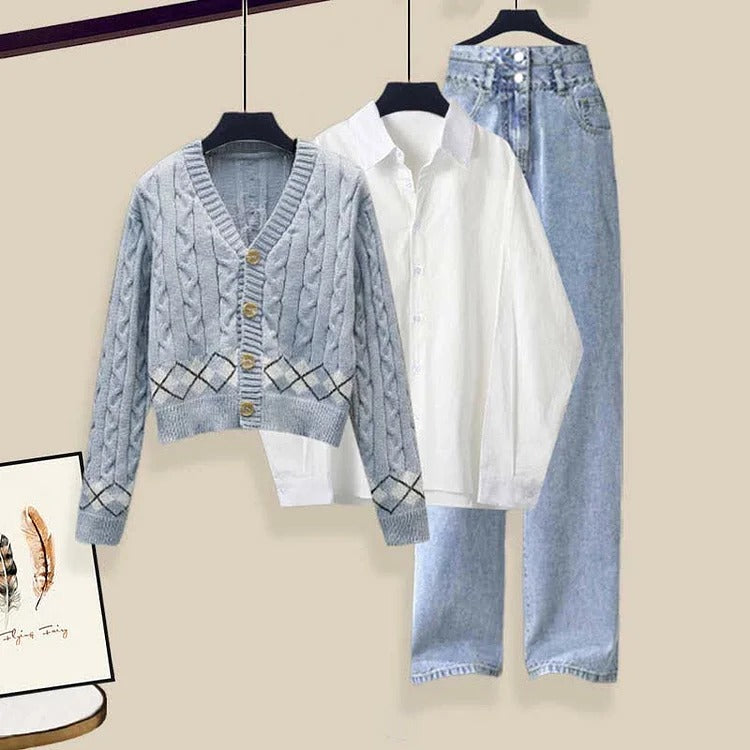 Vintage Rhombus Cardigan Sweater Shirt Denim Pants Three Piece Set