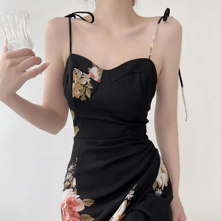 Captivating Vintage Floral Print Lace Up Split Slip Dress