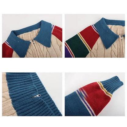 Preppy Colorblock Striped Cardigan Sweater Denim Pants Two Piece Set