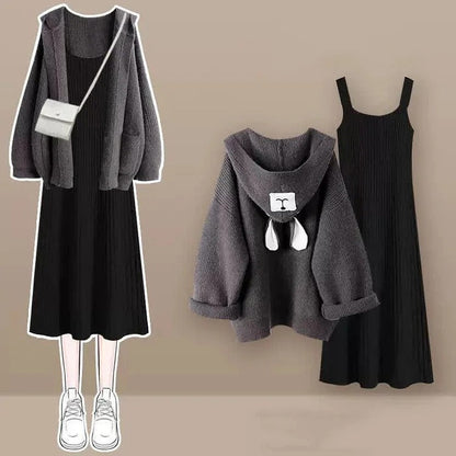 Kawaii Hooded Bear Ears Cardigan Sweater Slip Dress Two Piece Set