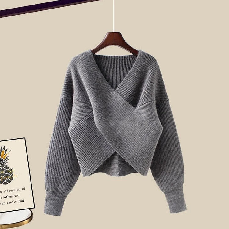Chic Simplicity: V-Neck Sweater Slip Dress Two-Piece Set