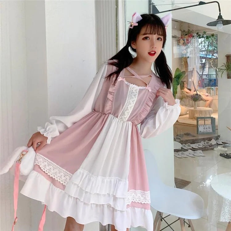 Kawaii Sweet Lolita Hem Stitching Dress in Pink