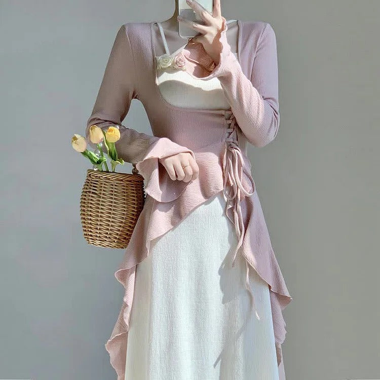 Whimsical Vintage Floral Square Collar Colorblock Lace Up Flouncing Dress