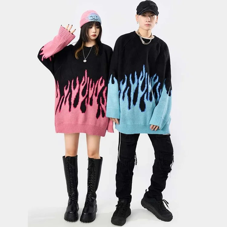 Streetwear Couple Flame Pullover Sweater - Ignite Your Style