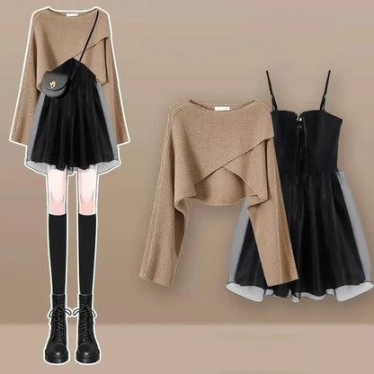 Bowknot Cross Cardigan Sweater Lace Up Tulle Slip Dress Two Piece Set" - Elegance Meets Comfort in One Outfit! 🎀👚👗