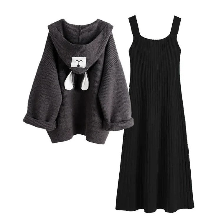Kawaii Hooded Bear Ears Cardigan Sweater Slip Dress Two Piece Set