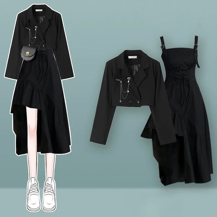 Chic Black Chain Decor Slip Dress and Blazer Set
