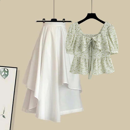 Classic Green and White Floral Print Shirt and Skirt Set