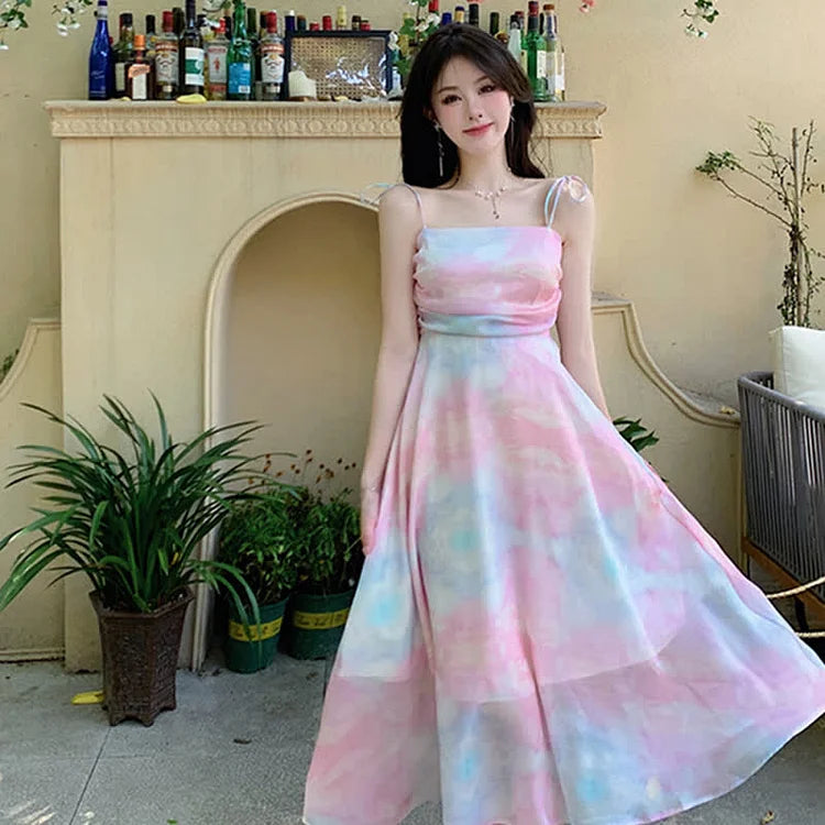 Radiate Elegance: Rainbow Print Chiffon Lace-Up Dress