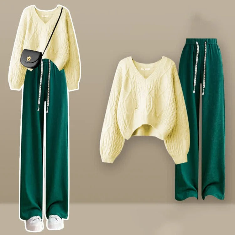 Vintage V-Neck Cable Knit Sweater Casual Pants Two Piece Set