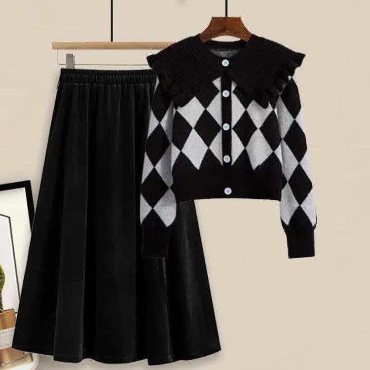 Chic Preppy Collar Rhombus Print Sweater and Slip Dress Set