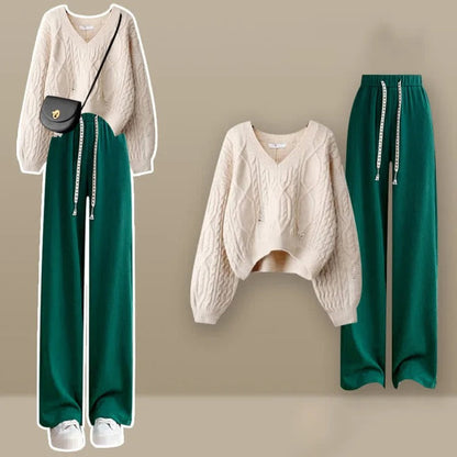 Vintage V-Neck Cable Knit Sweater Casual Pants Two Piece Set