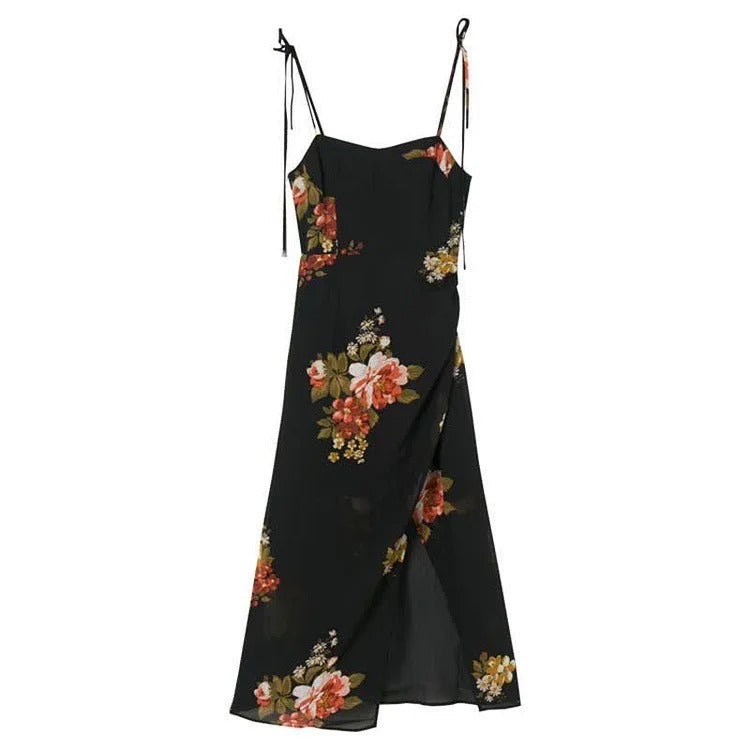 Captivating Vintage Floral Print Lace Up Split Slip Dress