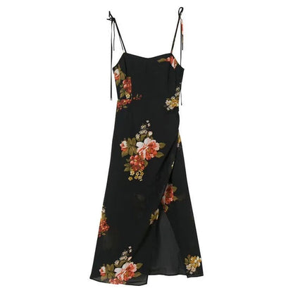 Captivating Vintage Floral Print Lace Up Split Slip Dress