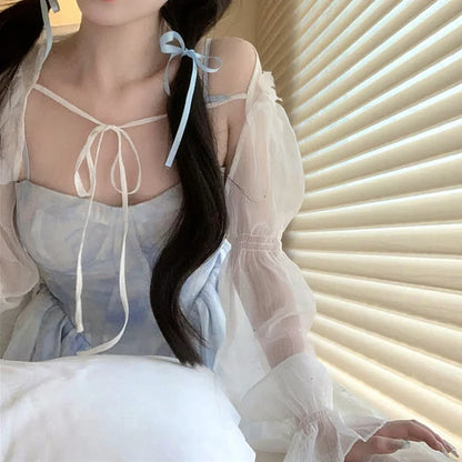 Puff Sleeve Lace-Up Cardigan Floral Print Ruffle Corset Slip Dress
