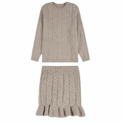 Chic Pure Color Cable Knit Sweater Flouncing Skirt Two Piece Set