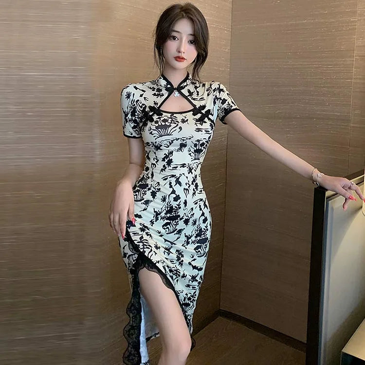 Vintage Floral Print Buckle Cheongsam Dress in Apricot