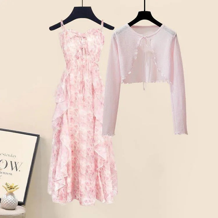 Chic Pink Floral Print Slip Dress and Cardigan Set