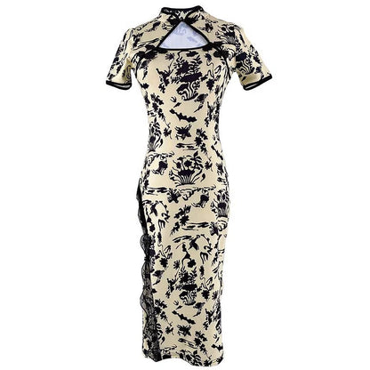 Vintage Floral Print Buckle Cheongsam Dress in Apricot