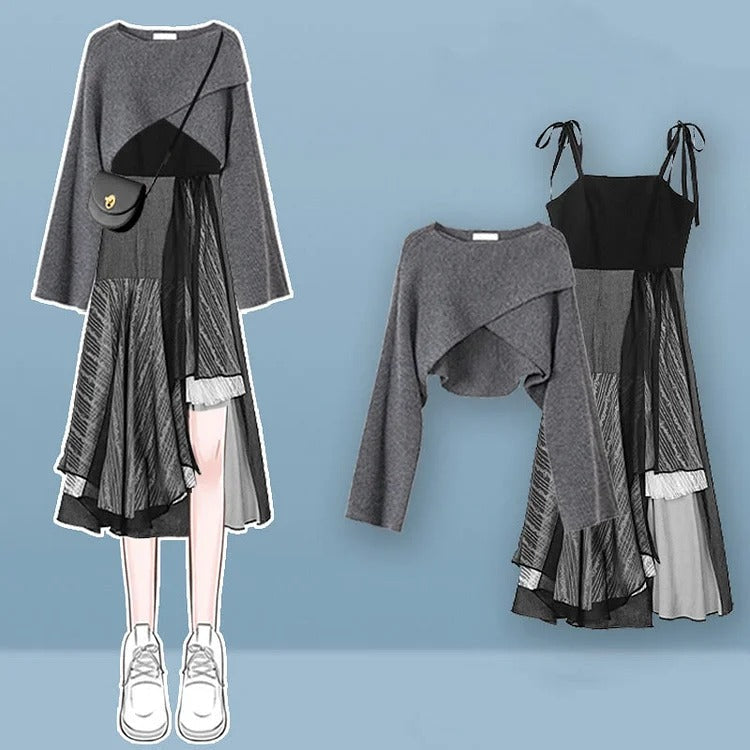 Chic Cross Knit Sweater and Irregular Stitching Lace Up Dress Set