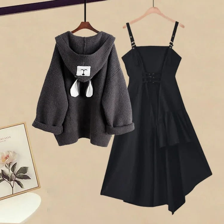 Kawaii Hooded Bear Ears Cardigan Sweater Lace Up Slip Dress Two Piece Set