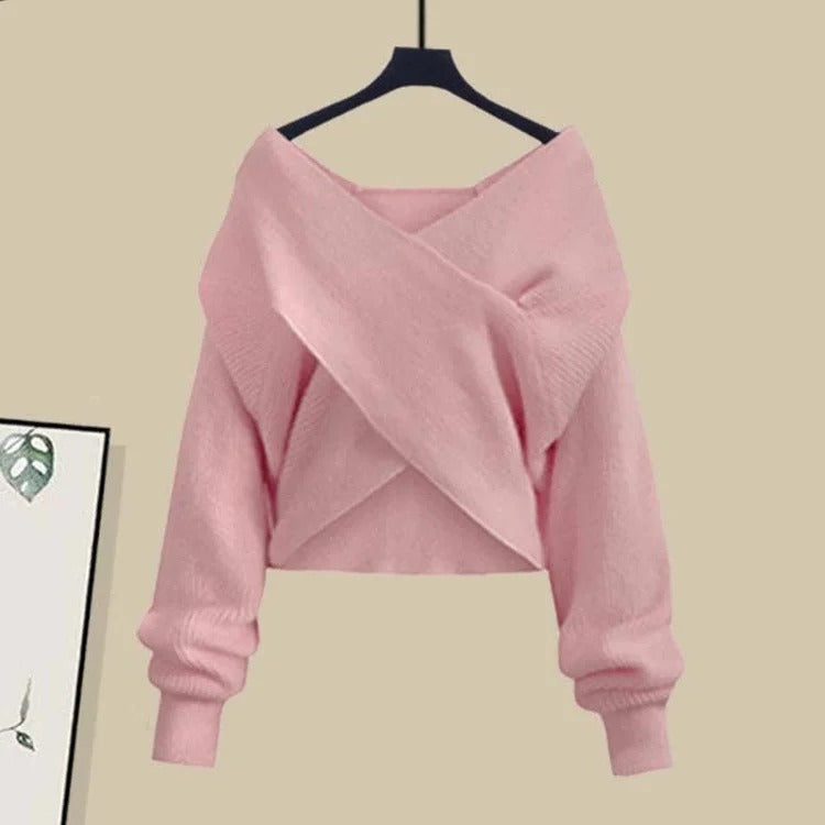 Chic Cross Knit Sweater Shirt Irregular Skirt Three Piece Set