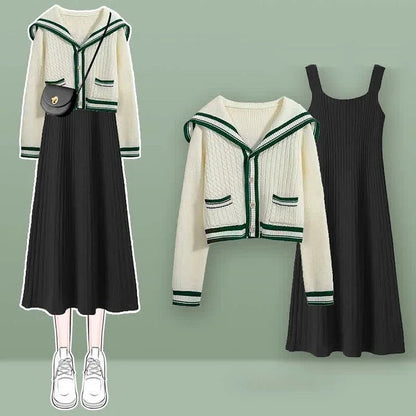 Sailor Collar Sweater Slip Dress Denim Skirt Two Piece Set
