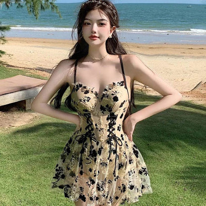 Kawaii Floral Print Backless Swimdress Swimsuit in Apricot