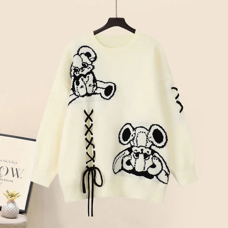 Cartoon Bear Streetwear Sweater Pleated Skirt Two Piece Set