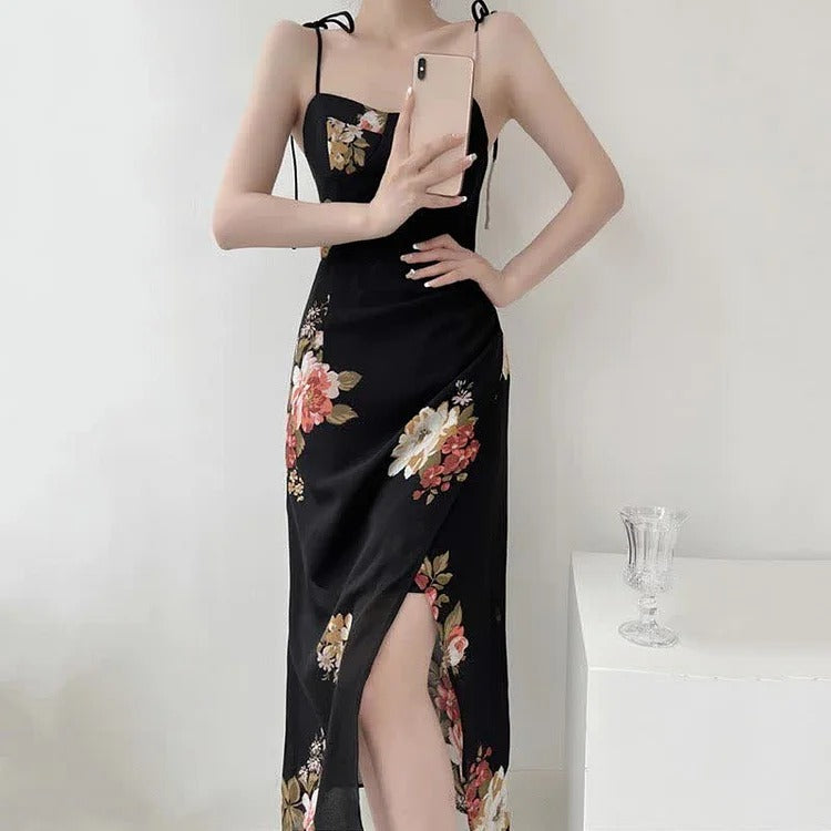 Captivating Vintage Floral Print Lace Up Split Slip Dress