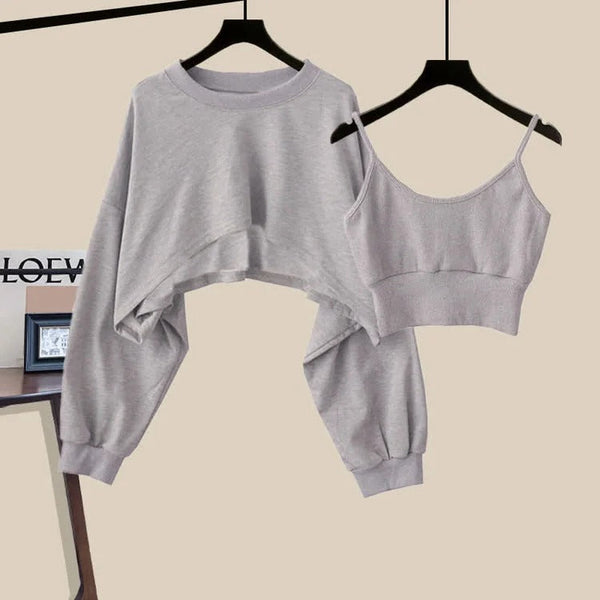 Pure Color Cropped Hoodies 2 Piece Pant Sets