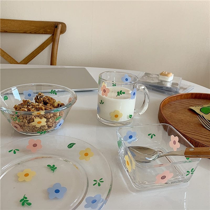 Fresh and Lovely Korean Style Breakfast Bowl Plate Glass Set