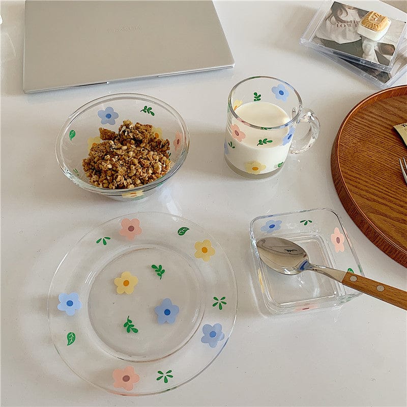 Fresh and Lovely Korean Style Breakfast Bowl Plate Glass Set