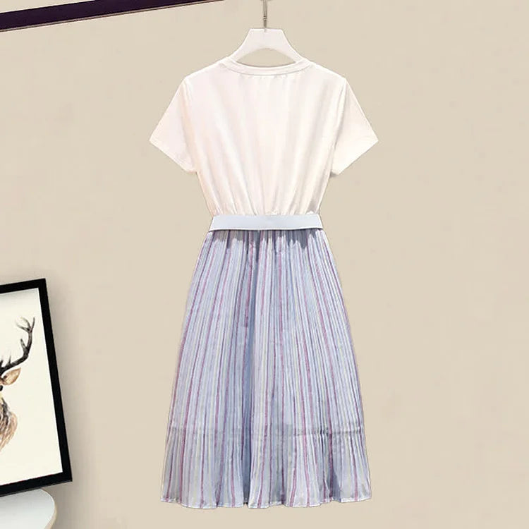 Chic Round Neck Belted Dress with Striped Design