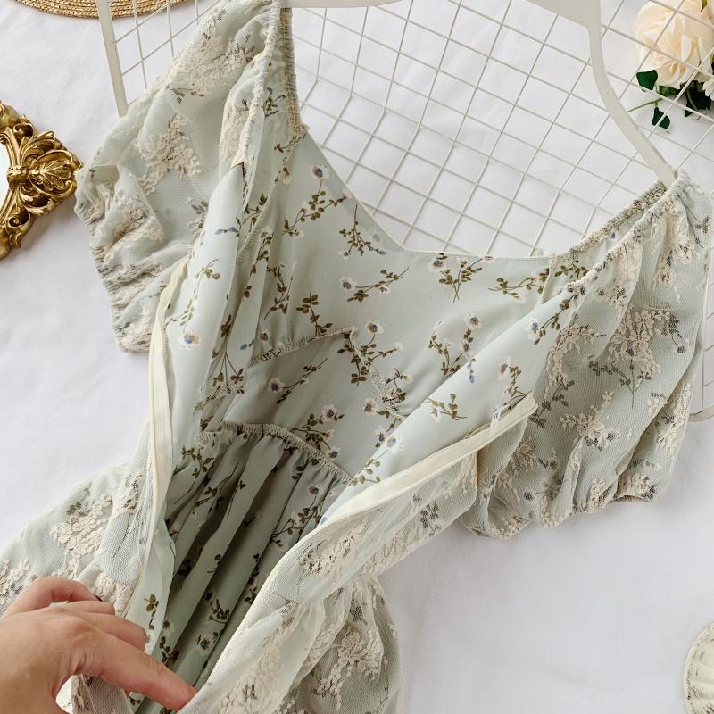 Elegant Beige Floral Fairy Dress - French Vintage Charm